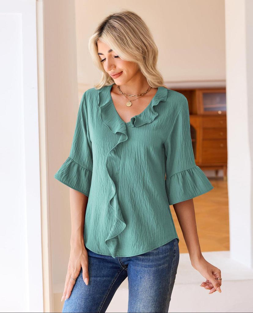 2026 Fashion Style 3/4 Sleeve Ruffle Lantern Collar Casual Top