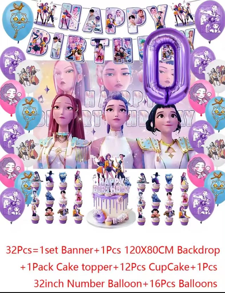 Sada příborů Demon Hunters Party Banner Pozadí Balónky Dortový Topper Venkovní Piknikové Potřeby Narozeniny pro Korejskou Kpop Anime Párty