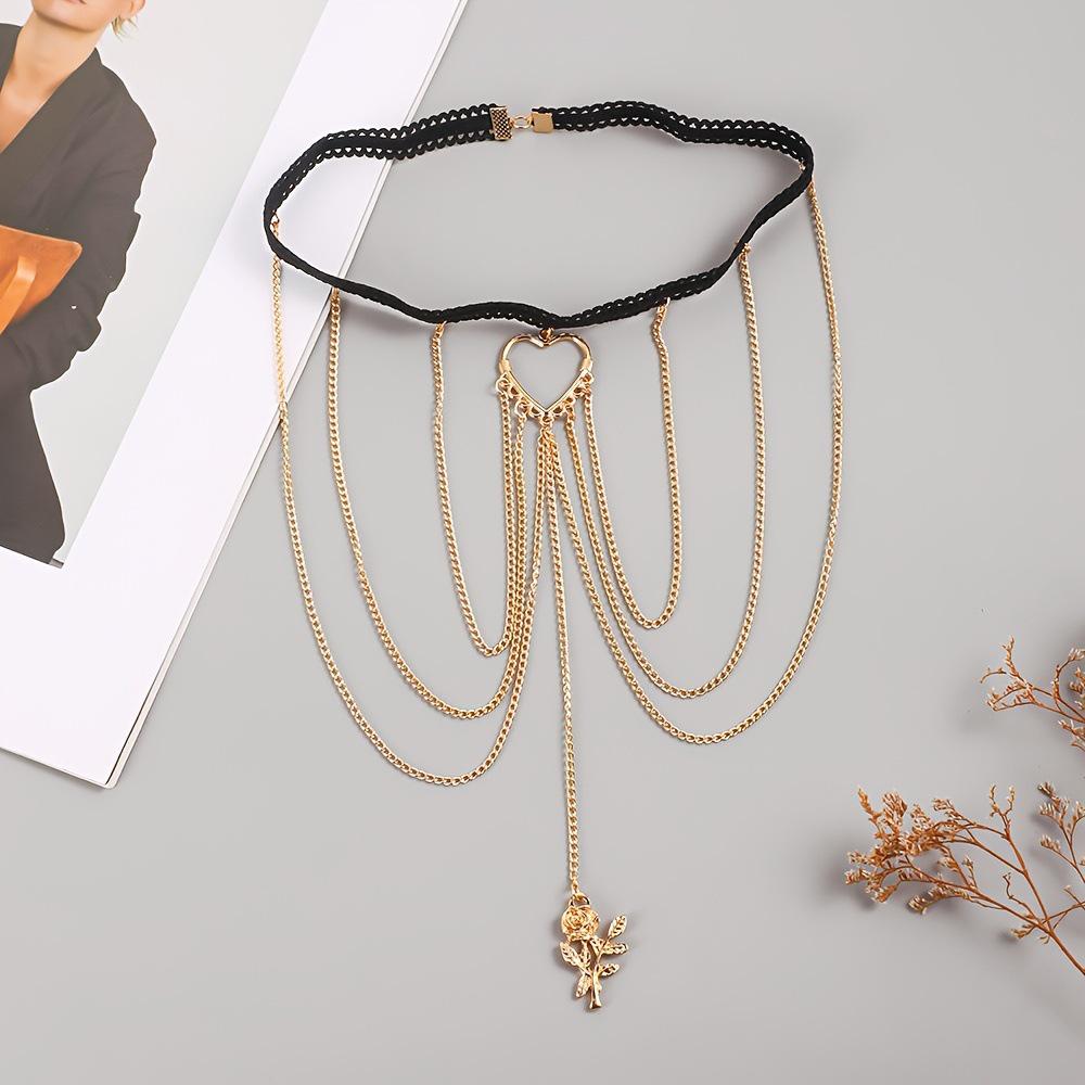 European & American Lace Elastic Rope Multi-layer Leg Chain with Hollow Heart & Rose Pendant золотой