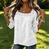 Verão Feminino - Cor Casual Gola Quadrada Renda Bordada Cropped Algodão Linho Manga Curta Top Para Mulheres