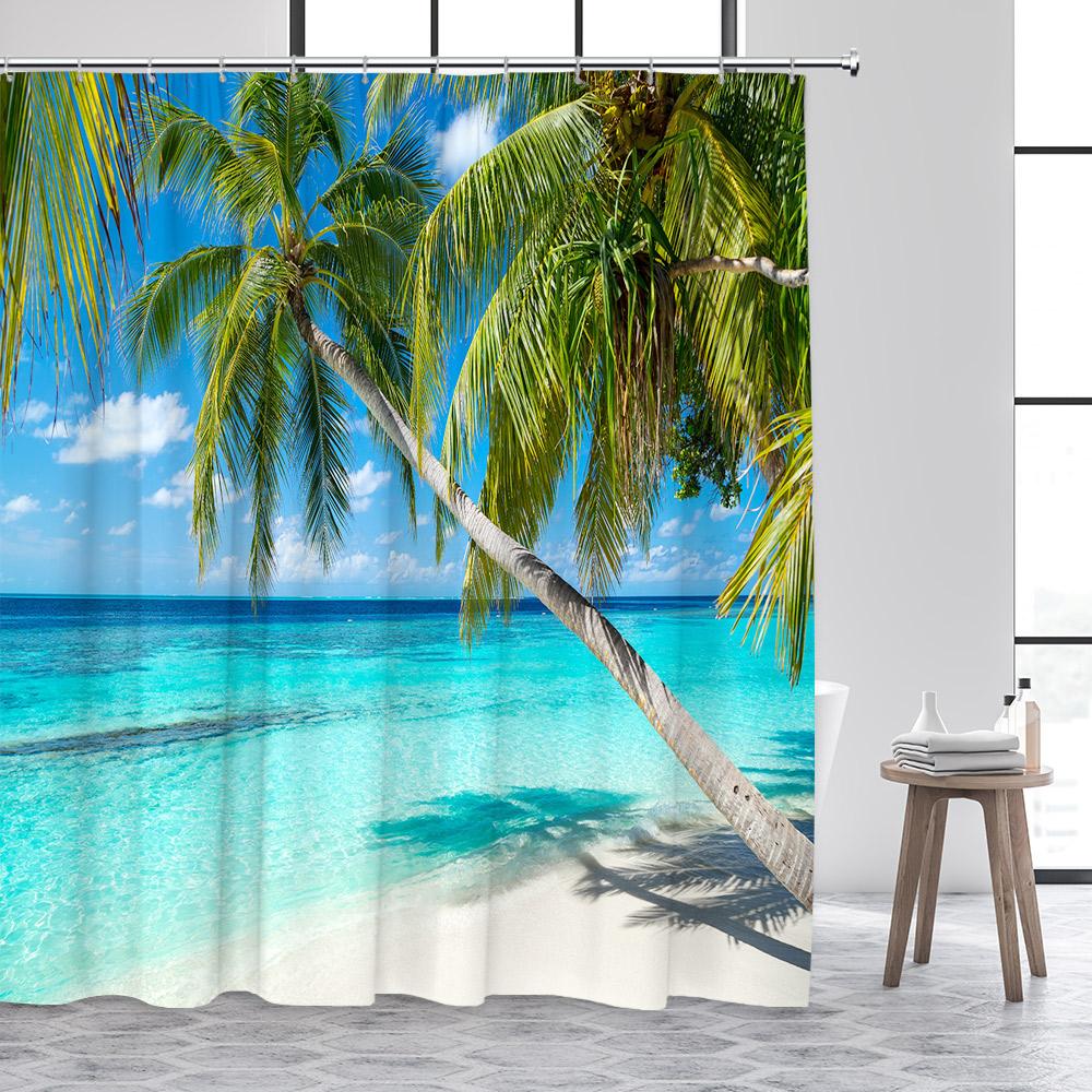Strand Duschvorhänge Blaues Meer Insel Kokospalmen Tropisch Hawaii Natur Landschaft Badezimmervorhang Dekor mit Haken
