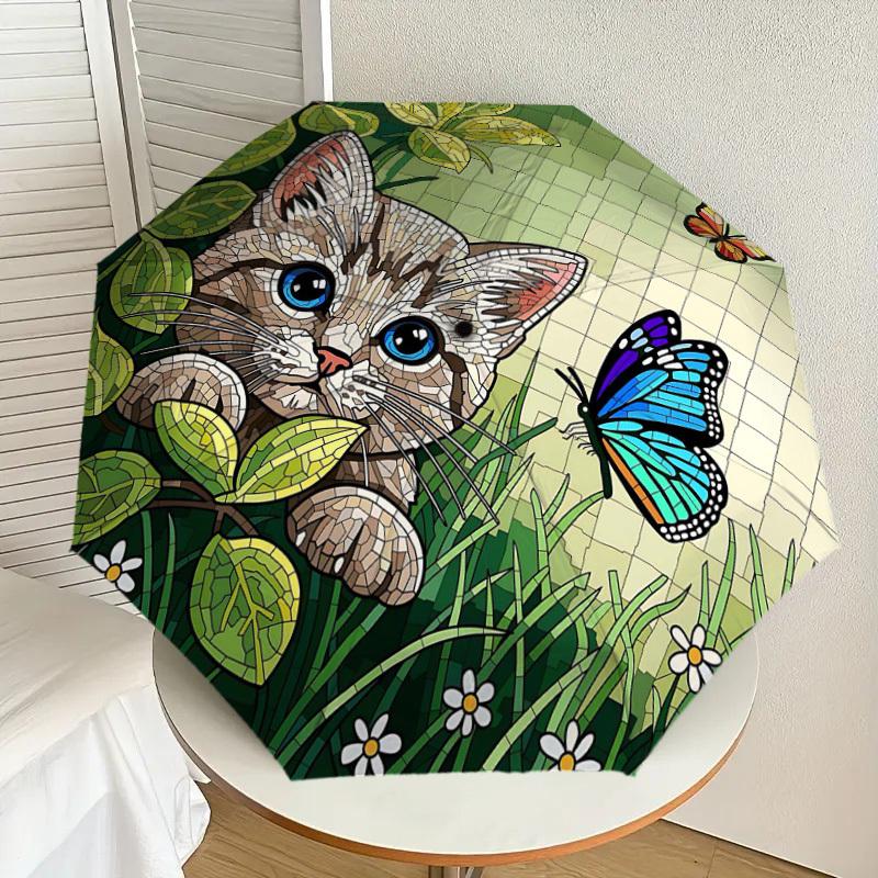 1PC Cat Butterfly Umbrella-8-Rib Reinforced Portable Folding Travel Suitable for All Seasons Outdoor Daily Use Is an Ideal Choice -F379