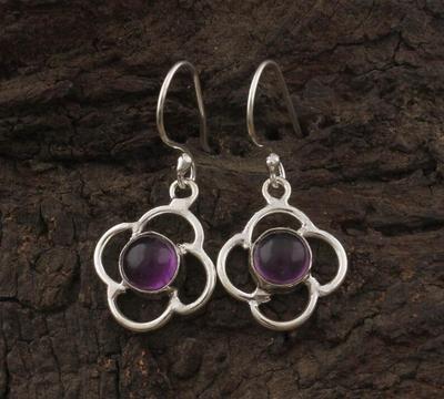 Solid 925 Sterling Silver Round Amethyst Gemstone Floral Designer Handmade Dangle Drop Earrings
