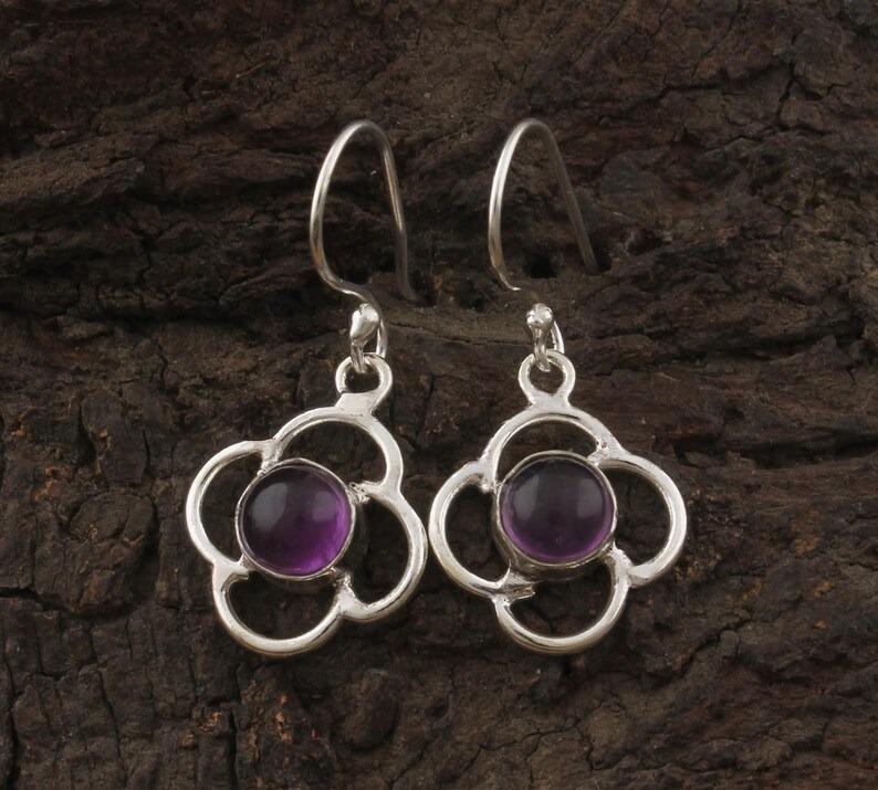 Solid 925 Sterling Silver Round Amethyst Gemstone Floral Designer Handmade Dangle Drop Earrings