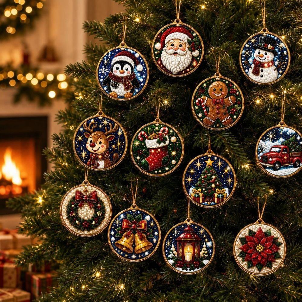 12pcs Christmas Hanging Ornaments Acrylic Board Rhinestone Decoration Set Fireplace Wreath