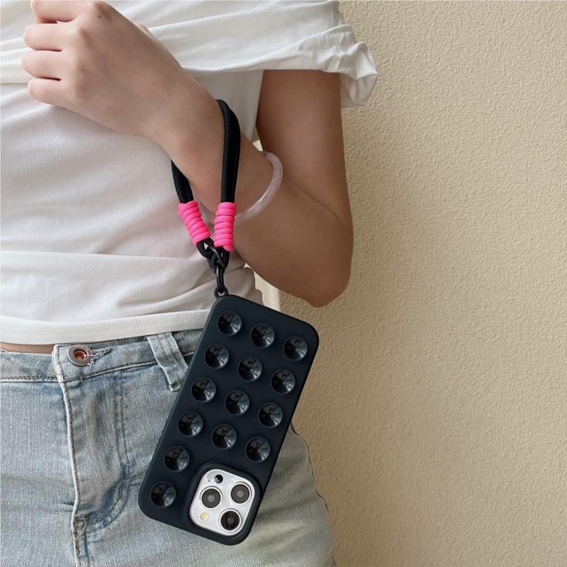 Fashion 3D Cute Candy Liquid Silicone Suction Cup Case For iPhone 16 15 14 Plus 11 12 13 Pro Max Soft Lanyard Wrist Strap Cover