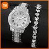 2 Stück/Set Damenarmbanduhr Luxus Strass Edelstahl Quarz-Uhr Herz-Armband-Set(Ohne Box)