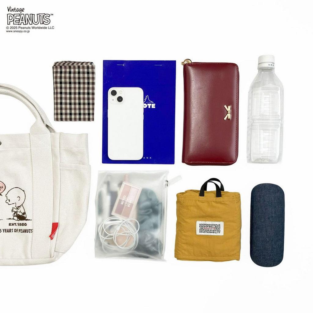 Tote 8442 [Rootote] Women's Bag, Snoopy, Small, Self-Standing, Embroidered, IP.Deli.Peanuts-0J (02 Khaki)