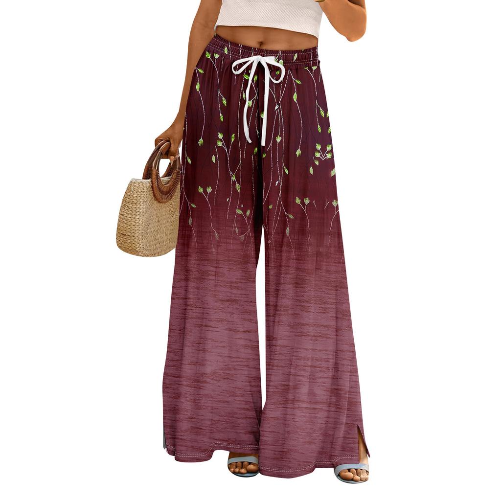 Damen Sommer Boho Palazzo Hose Hohe Taille Weites Bein Blumendruck Freizeithose Mit Taschen