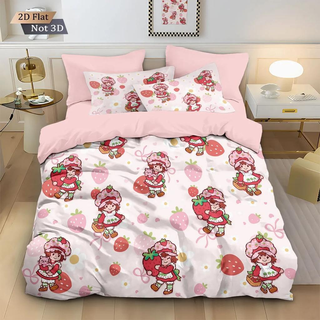 3D Cute Girls Strawberry Shortcake Bedding Set Colorful Cartoon Strawberry Girl Pattern Duvet Cover Pillowcase Home Decor Room