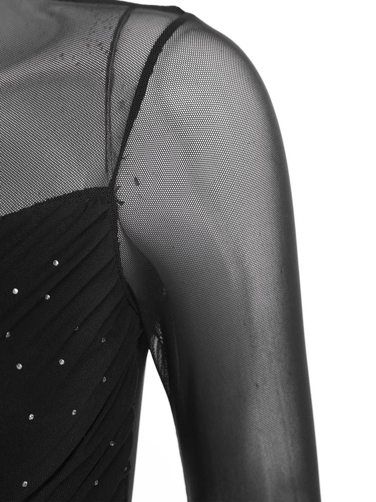 Damen Lyrisches Tanzkostüm Glitzernde Strasssteine Gerafftes Mesh-Overlay Asymmetrischer Rock-Leotard