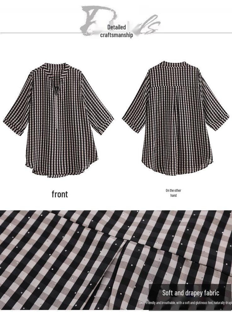 Letnia Damska Koszula w Paski Plus Size - Stylowa dla Krągłych Dziewczyn - z Błyszczącymi Cyrkoniami