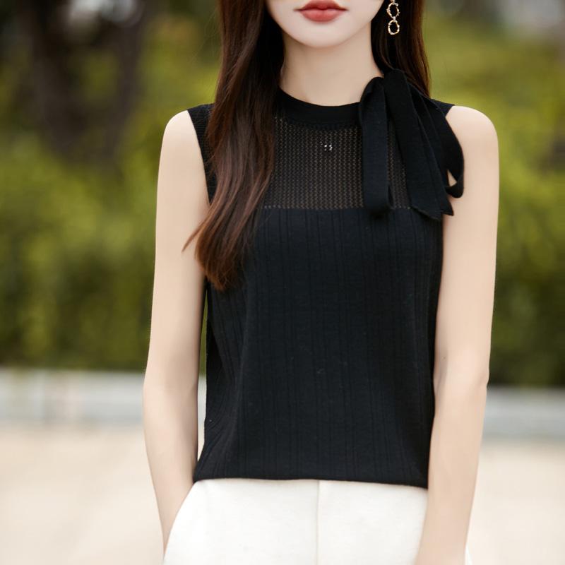 

Женский шерстяной свитер без рукавов Qinghe кашемир 50% шелк 50% шерсть весенне-летний шерстяной жилет без рукавов мягкий и удобный M чёрный