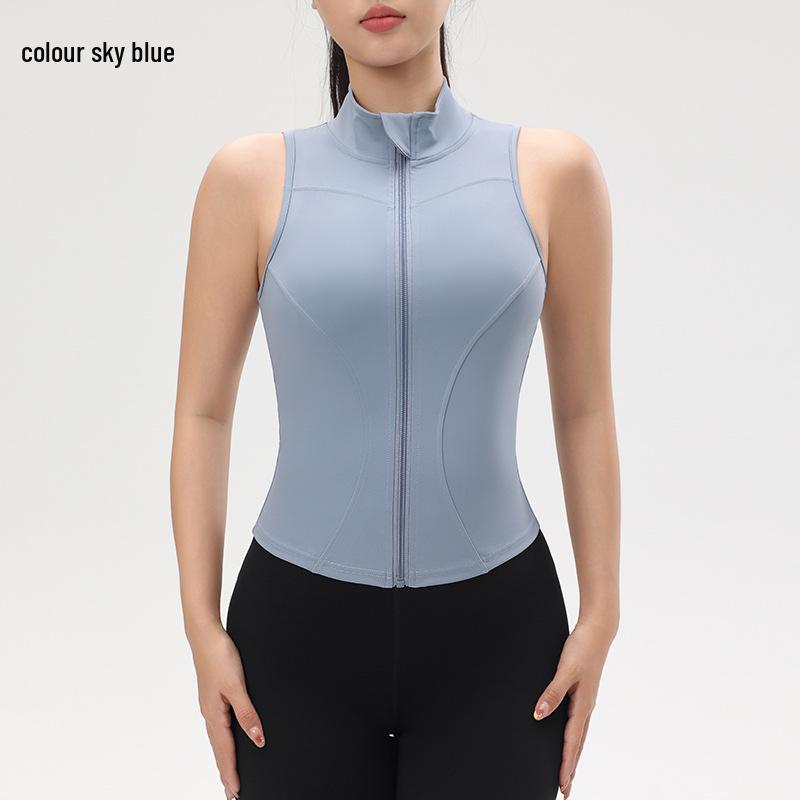 Dámský nahý top na jógu se zipem a ochranou proti nárazům - Zeštíhlující bez rukávů se stojáčkem pro letní venkovní sporty.