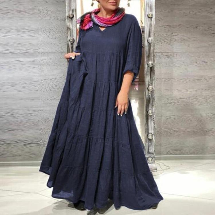Summer Vacation Maxi Dress for Women V Neck Long Sleeve Solid Color with Ruffle Stitching and Pleated Hem