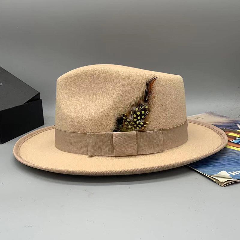 2023 Sombrero Fedora de Lana Sintética para Hombre Mujer Ala Ancha Accesorios de Lazo Pluma Otoño Invierno Caballero Sombrero Panamá Jazz