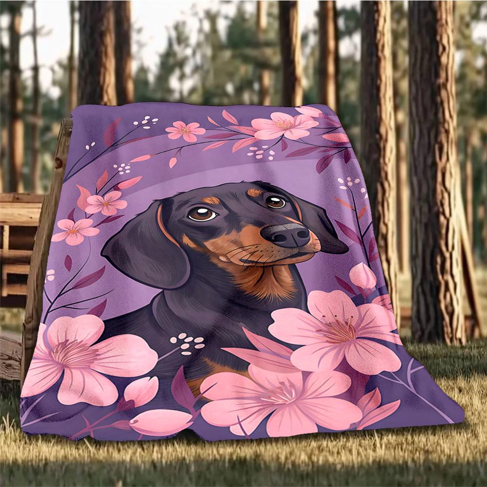 1pc Dachshund Floral Print Outdoor Flannel Blanket , Machine Washable Perfect Gift for Birthday , Holiday Travel Accessory , Durable Material