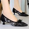 Sexy Lace Kitten High Heels Women Pumps Bowknot Low-heel Women Shoes Leopard Print Sexy Party Shoes Large Size 43 Ladies Shoes