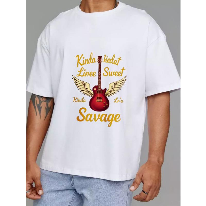 White T-Shirt with Guitar and Wings Print Kinda Sweet Kinda Savage Text for Music Lovers Casual Wear