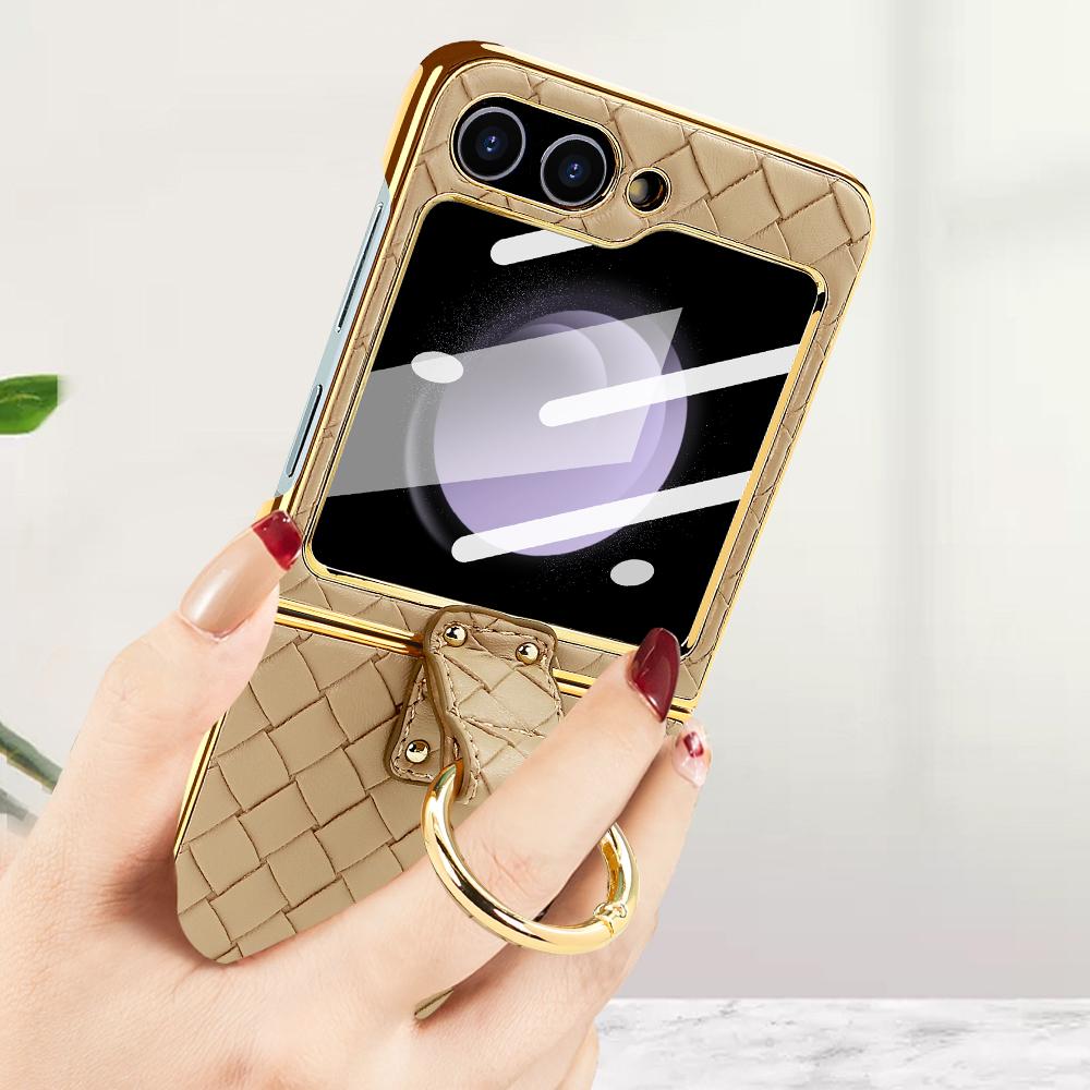 VIETAO Z Flip 6 Phone Case, Compatitable With Samsung Z Flip 6 Flip5 Flip4 Flip3 Case With Finger Ring, Woven PU Leather, Pink