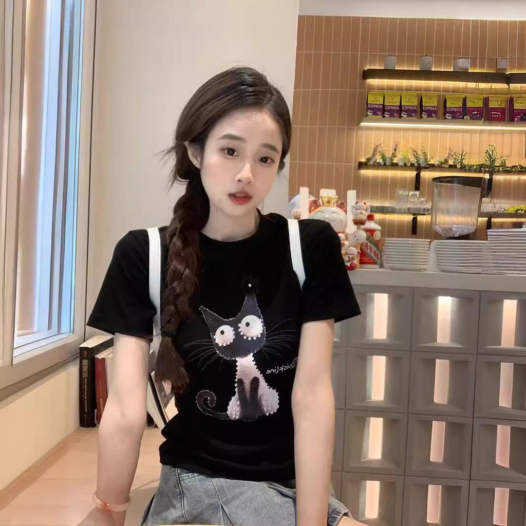 Women Summer Short Sleeve O Neck Cat Printed Slim Fit T Shirt Top