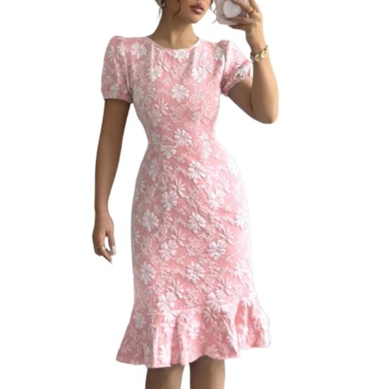 Summer Floral Bodycon Midi Dress for Women Short Sleeve Ruffle Midi Dress XXL розовый