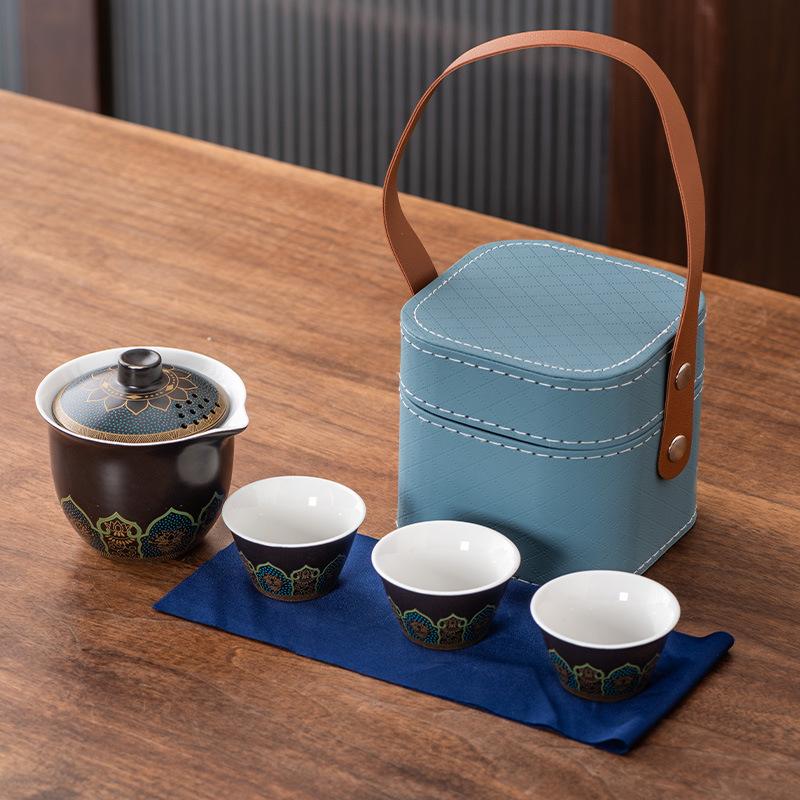 High-end Guochao travel tea set, household high-end business gifts, light luxury, a pot of three cups, commemorative souvenir gifts