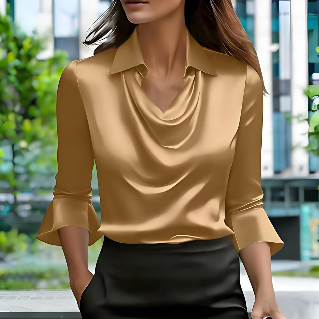 Satin Shirts For Womens Cowl Neck 3/4 Length Sleeves Dressy Fashion Pullover Tee Shirt Blouse Tops