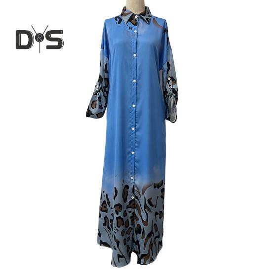Lady Spring Maxi Dress Lapel Leopard Print Long Sleeves with Cufflink Loose Single-breasted Vintage High Waist Casual Daily Dress