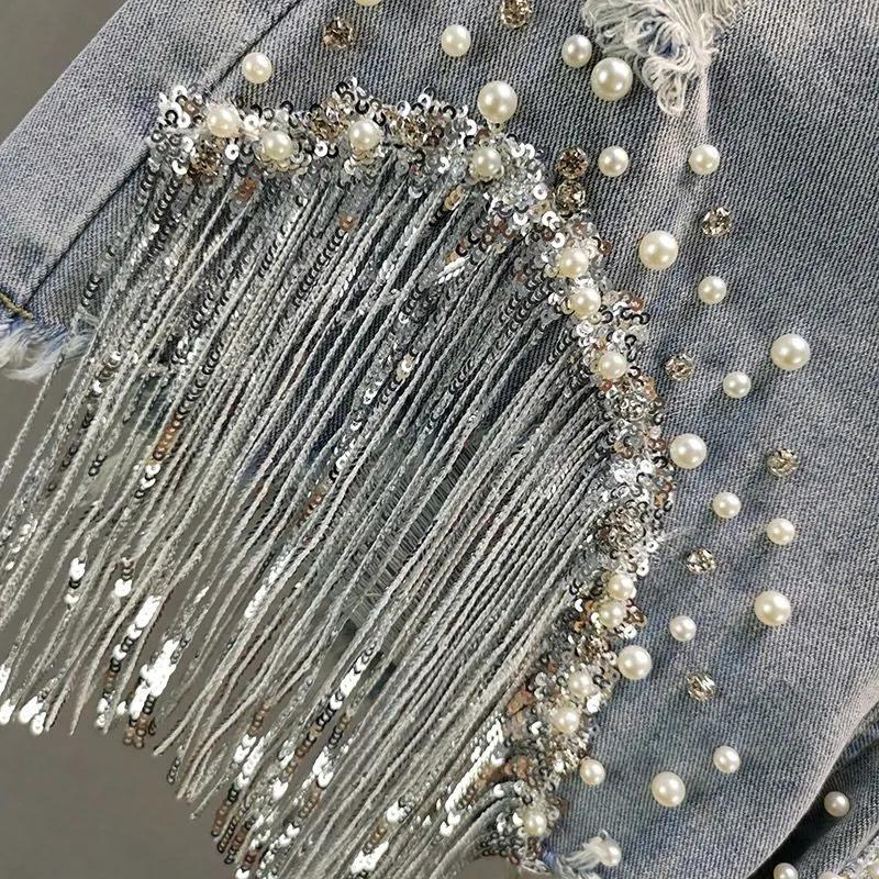 Dameshorts med høy midje, denim-shorts, paljett, frynser, rippede jeans