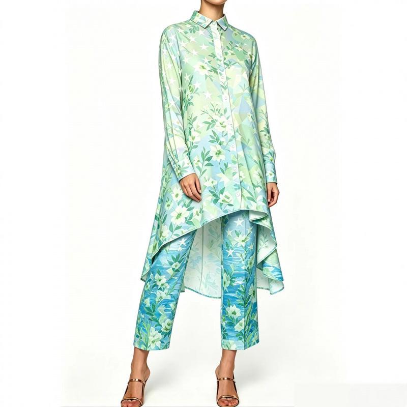 Summer new sunset seascape floral print irregular lapel long-sleeved shirt nine-point pants women's casual suit