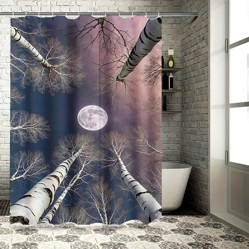 Moonlit Birch Trees Waterproof Shower Curtain Heat Resistant Machine Washable Non-Transparent 180x180cm