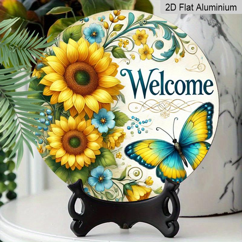 2D Flat 1pc, 8x8 in Vintage Sunflower & Butterfly Round Aluminum Metal Sign – Rustic Welcome Design for Home, Garden, Cafe, and Farmhouse Decor