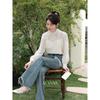 Luxiangnan Women's Blue High-Waist Straight Raw-Hem Flare Jeans