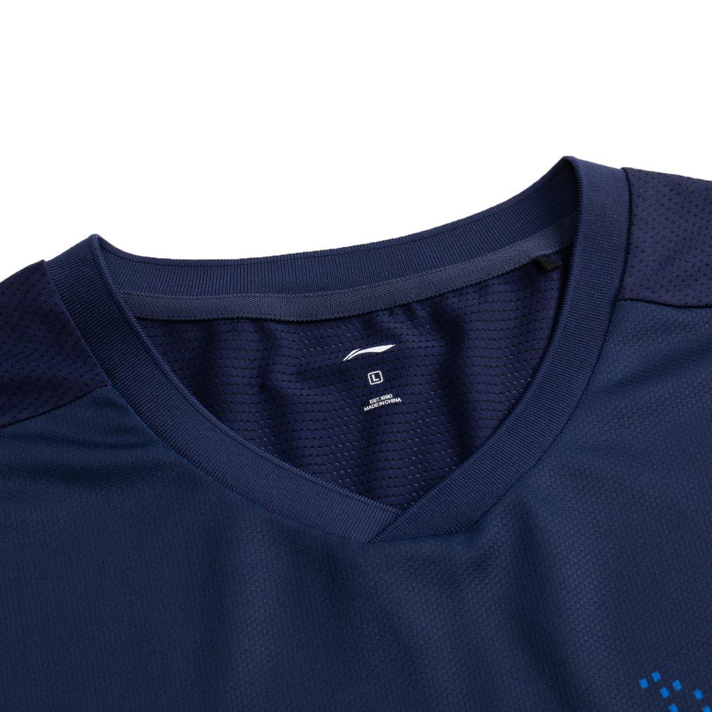 Li Ning Badminton Series Striped V-Neck Soft Comfortable Breathable Versatile Short Sleeve T-Shirt Unisex Tops Sailor-Blue AAYV167-4