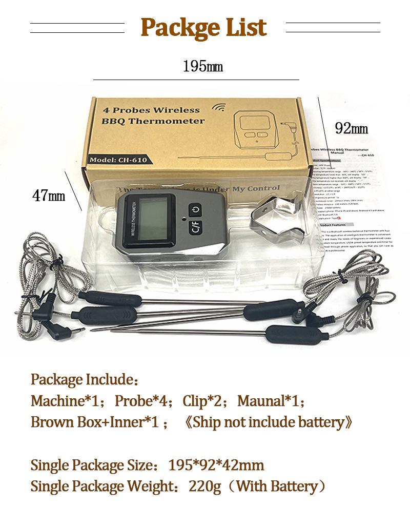 CH-610 Wireless Bluetooth BBQ Thermometer with Four Probes for Kitchen and Oven Cooking