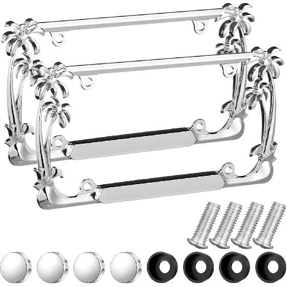 2 Pcs Palm Tree License Plate Frame Plastic Beach Coconut Tree Design Frame Compatible With Standard License Plate For USA 2 Holes With Screws For