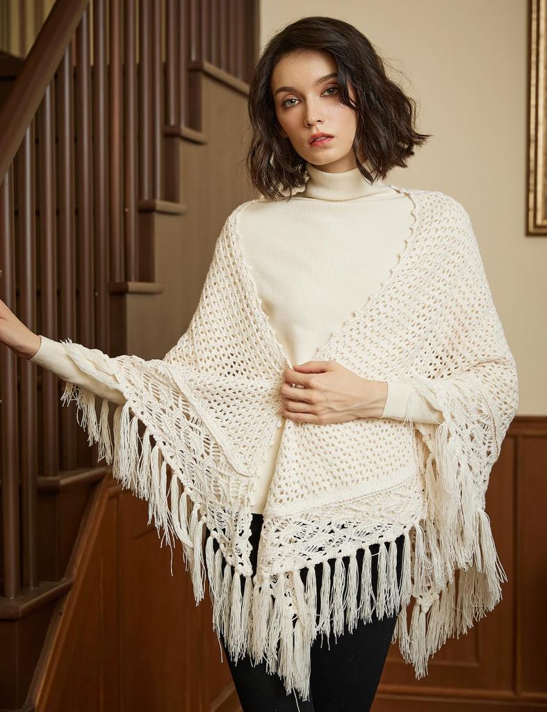 BEAUTELICATE Tassel Knit Solid Triangle Perfect for and Cream Women's Scarf, Large, Thick, Color, Shawl, Indoors, Office, Dates, Commuting, School,