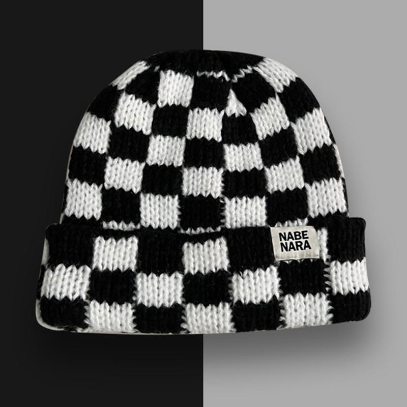 Checkerboard Plaid Knitted Hat For Women Autumn And Winter Korean Style Wool Hat Japanese Style Face-Enhancing Small Hat
