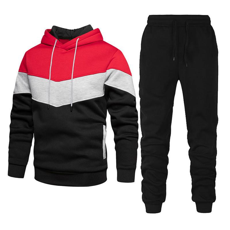 2026 Men's Three-Color Patchwork Hoodie: Trendy Versatile Casual Sports Sweatshirt Set