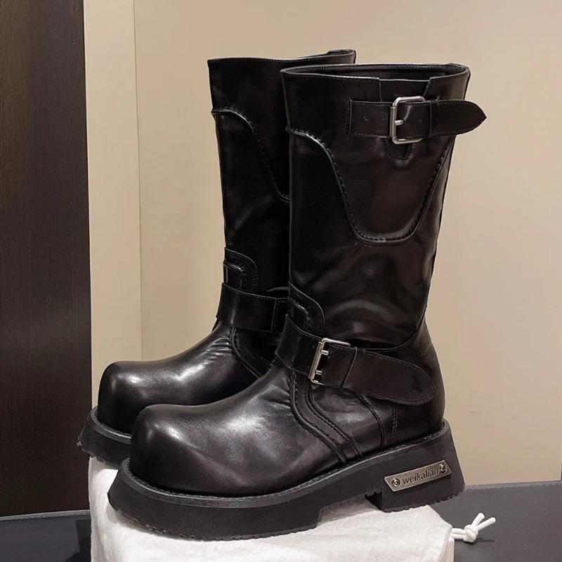 Fashion Women's Punk Motorcycle Boots Street Black Big Toe Platform Square Heels Mid-calf Boots Buckle Belt Shoes