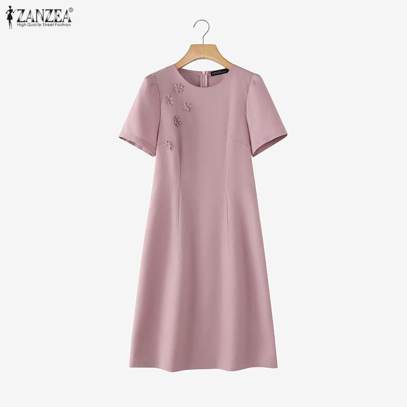 ZANZEA Abito estivo casual da donna con scollo rotondo e maniche corte