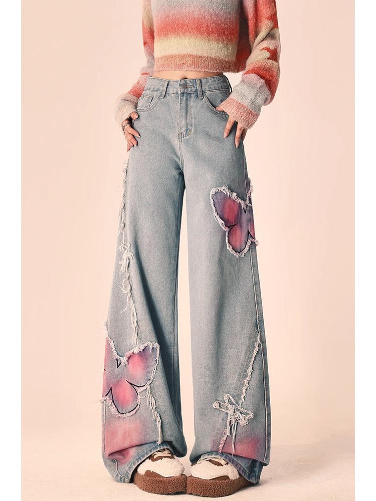 Plus Size Butterfly Patchwork High-Waist Jeans - Chic Women's Wide-Leg Summer Pants