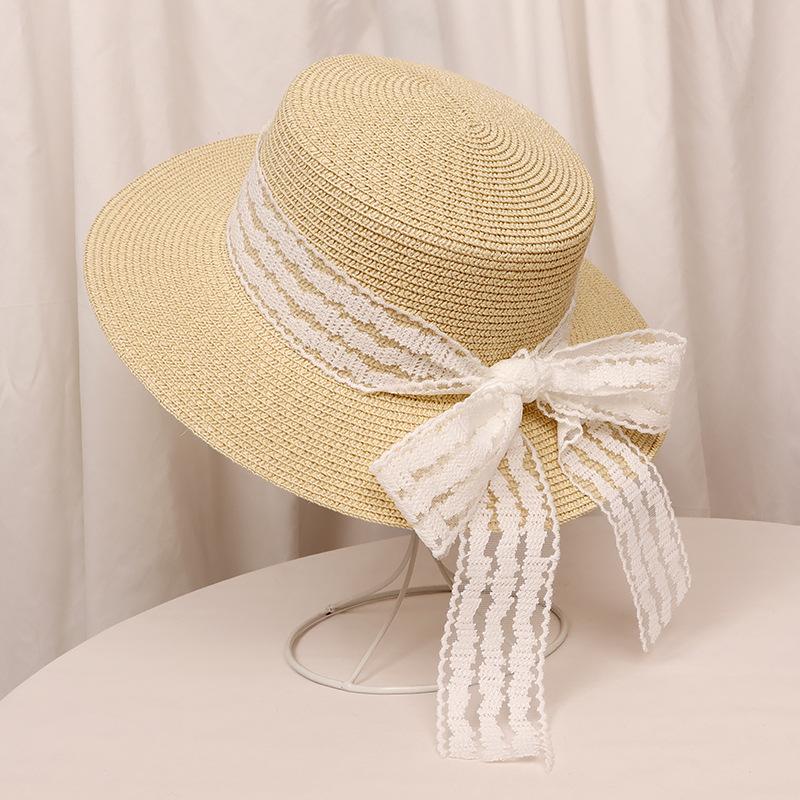 Hat women's summer sunscreen versatile top hat lace bow flat top wide brim straw hat travel photo seaside beach hat