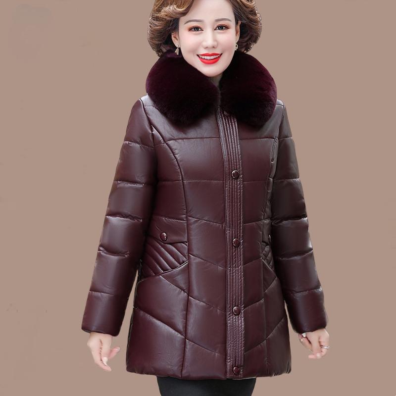 

Women s PU Leather Cotton Jacket Thick Warm Windproof Leather Jacket Loose Padded Jacket with Fur Collar 6XL фиолетовый