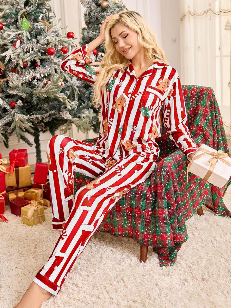 Women's Christmas Pajama Set with Santa Hat - Lapel Long Sleeve Top and Long Pants