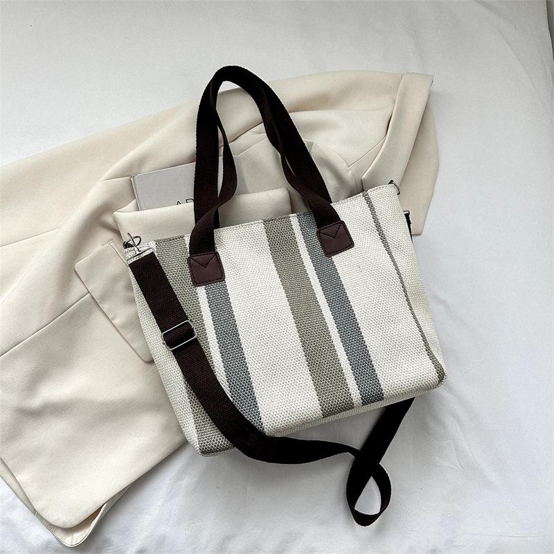Big bag women's 2025 new fashion striped canvas bag commuter tote bag trendy shoulder messenger mommy bag