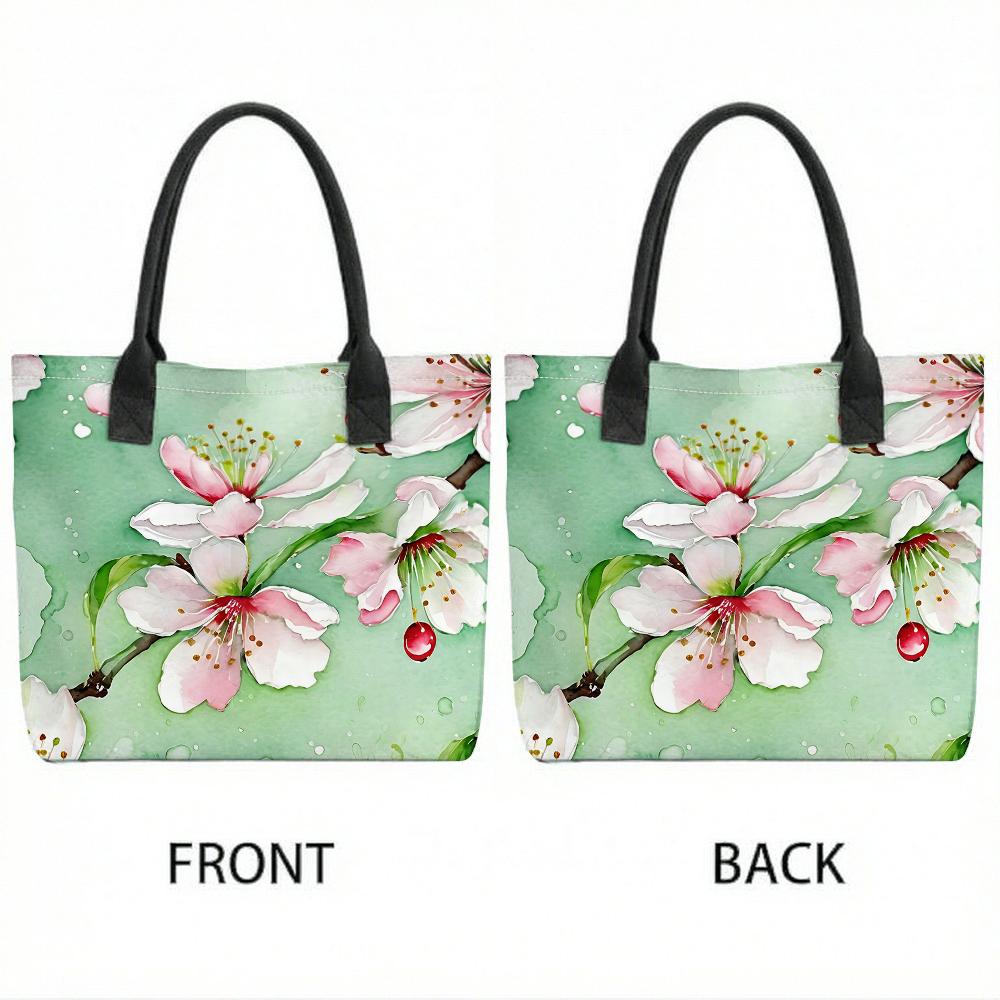 Watercolor Peach Blossom Large Tote Bag Casual Daily Shoulder Handbag for Women