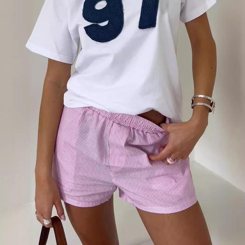 Fashion Pinstripe Patchwork Shorts Ladies Vintage Medium Stretch Shorts Women's Casual Pajama Pants
