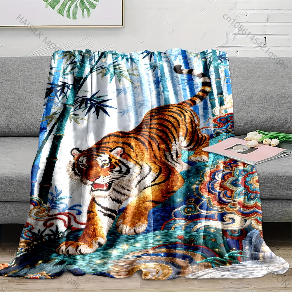 

Embroidered pattern with tiger and bamboo Blanket Suitable for Home Bedroom Sofa Travel Camping Blanket Various Sizes for Gifts 75x100cm